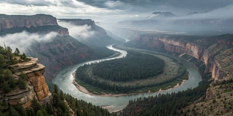 Serene river meandering through a majestic canyon under a dramatic sky.