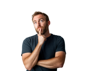 Man with Thinking and Confused Expression, Brainstorming Ideas and Questions, PNG