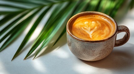 Warm coffee cup beside a green palm leaf on clean white surface, soft daylight casting gentle shadows
