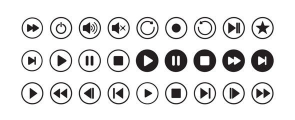 Media Player Buttons icon set, Play and pause buttons sign isolated on white background.play, pause, stop, record, next track, back, previous, forward, and backward. Vector illustration eps 10.