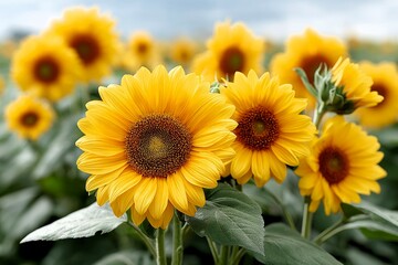 Obraz premium Vibrant Sunflowers Blooming in a Field under a Cloudy Sky, Summer Flowers Nature Photography
