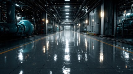 Obraz premium Industrial Corridor Futuristic Factory Interior with Pipes Pumps and Steel