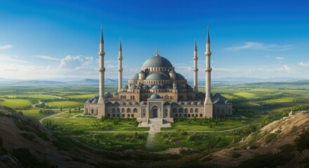 Naklejka premium Architectural marvel in green landscape