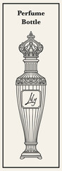 Elegant perfume bottle design with a vintage crown shape, the label can be replaced with your own brand name. Suitable for luxury brands or decorative arts.