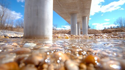 Concrete Bridge Supports Over Creek Under Sunny Sky