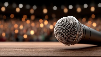 Obraz premium Stage Microphone Live Music Concert Performance Show Auditorium Wooden Table Spotlig