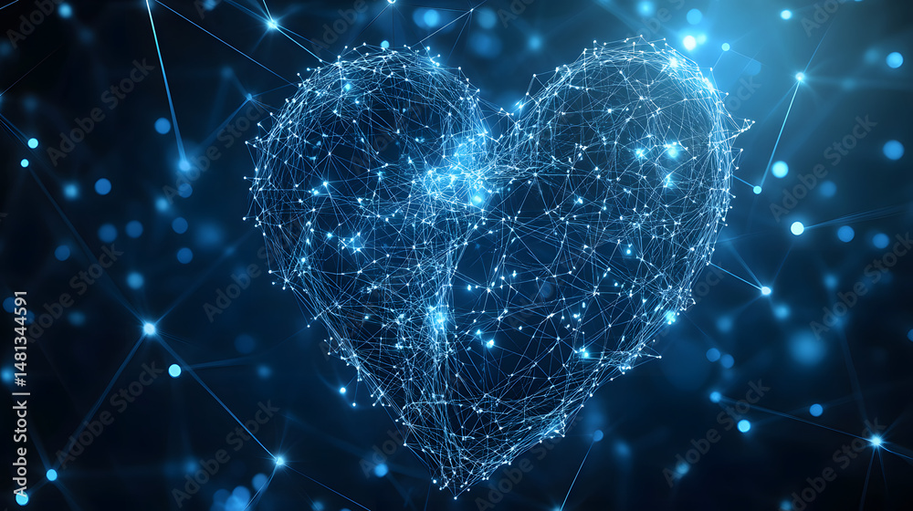 Poster Abstract wireframe heart glowing in the dark symbolizes digital love and connection. Futuristic technology network radiates with intricate lines and nodes. Abstract wireframe in dark blue.