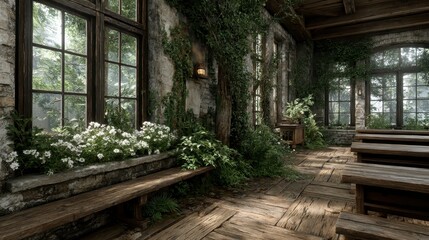 Naklejka premium Overgrown Classroom Nature Reclaims Historic Schoolhouse