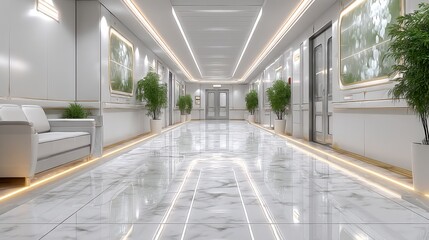 Modern Hospital Corridor  Clean Interior Design  White Marble Floor  Luxury Healthcare