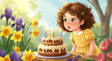 Girl blows out birthday candles on cake