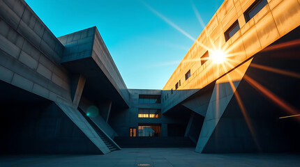 A futuristic brutalist art institute built in the 1980s, featuring massive cantilevered concrete blocks and angular overhangs. generative ai