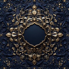 Intricate, gold-accented, decorative frame on a navy background.  Exquisite, ornate, embossed design.  A detailed, symmetrical pattern, with floral motifs.  Dark, luxurious, regal, and opulent