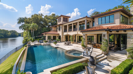 Obraz premium Luxury Waterfront Villa with Infinity Pool and Scenic View