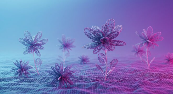 Elegant digital flower field in vibrant neon hues on a wireframe landscape