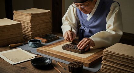 Traditional Korean woodblock printing.  A skilled artisan meticulously crafts a print on paper