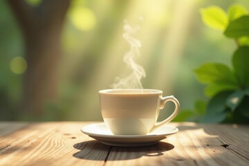 Aromatic Steam Rising from a Warm Beverage in a White Cup on a Wooden Table Outdoors