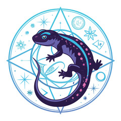 A mystical salamander, intricately detailed, curled protectively within a glowing, ornate alchemist's crucible; swirling, ethereal energy emanates.