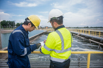 An engineer and a technician are working together to check the operation of the water treatment system of a water treatment pond.