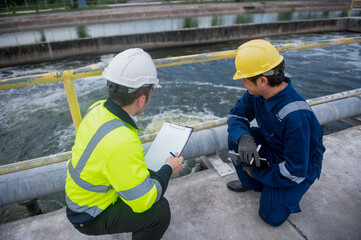 An expert inspector and technicians are seriously checking the water quality in the treatment pond...