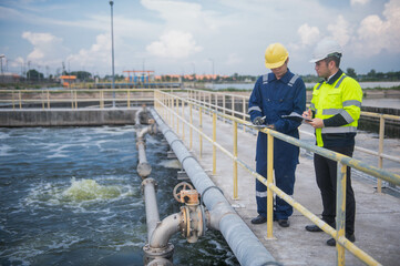 An expert inspector and technicians are seriously checking the water quality in the treatment pond...