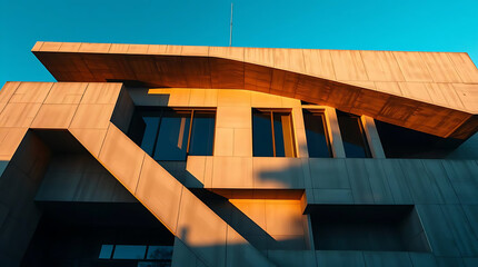 Fototapeta premium A futuristic brutalist art institute built in the 1980s, featuring massive cantilevered concrete blocks and angular overhangs. generative ai