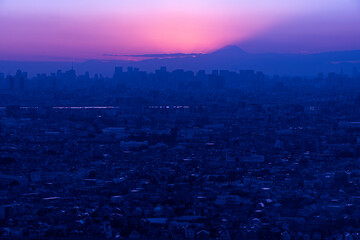 富士山と都市の夕景