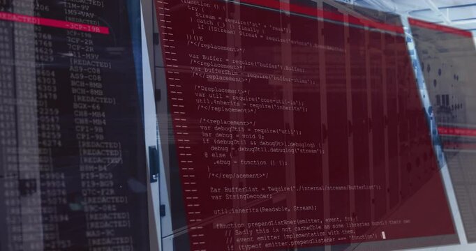 Dual monitors showing redacted listings and JavaScript functions on pivoting stand in flat design