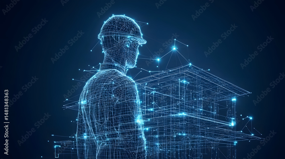 Poster futuristic blueprint of a house and construction worker in wireframe style. modern building design c