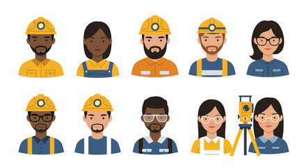 Diverse group of cartoon construction workers and engineers with safety helmets