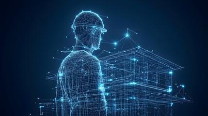 Futuristic blueprint of a house and construction worker in wireframe style. Modern building design concept. Technology and innovation represented. Abstract wireframe in dark blue.