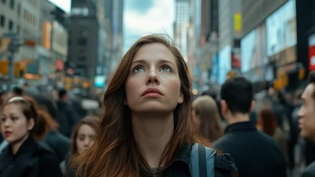 Contemplative Woman Amidst Urban Hustle: A woman gazes upward amidst a sea of people, her face etched with contemplation as she stands in the heart of a bustling city.