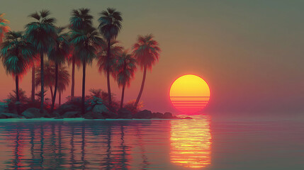 Sunset Glow Over Tranquil Waters: Ethereal Light and Moody Atmosphere on a Tropical Paradise Beach with Palms