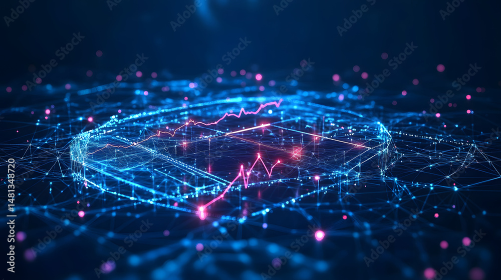 Aufkleber Intricate network of blue connections displays data analysis and advanced technology. Red line graph shows fluctuations amidst pink nodes, suggesting connectivity. Abstract wireframe in dark blue.