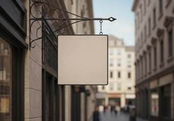 Blank hanging sign on building exterior mockup