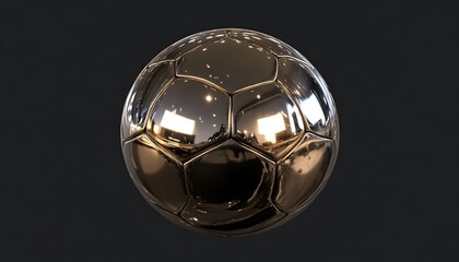 High-gloss, metallic soccer ball against a dark backdrop.