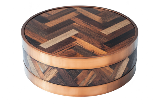 Round wooden coffee table with chevron pattern and metallic edge on a transparent background