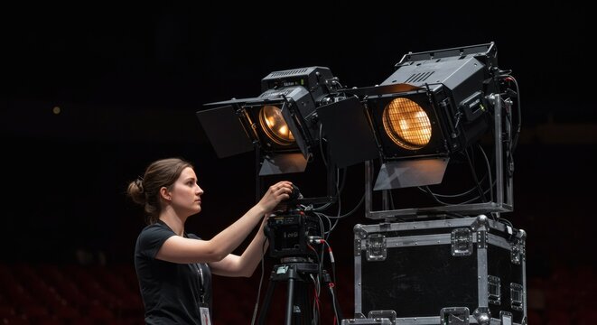 Woman adjusting professional lighting equipment for film production video shooting on location set up - Powered by Adobe