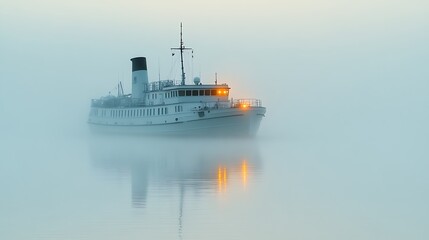Naklejka premium Misty Morning, Ship on Calm Water