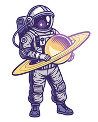 An astronaut in a spacesuit gently cradles a luminous purple orb depicting Saturn's rings, set against a deep black backdrop of space. © bibit