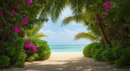 Fototapeta premium Tropical Beach Path. Lush greenery, vibrant blossoms, and a serene sandy pathway lead to a turquoise beach. Palm trees frame the entrance, offering a tranquil escape