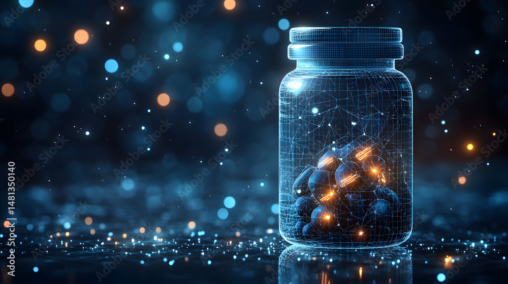 Aufkleber Futuristic pill jar with glowing capsules, depicting advanced pharmaceuticals or digital health solutions. Dynamic bokeh background creates a technological ambiance. Abstract wireframe in dark blue