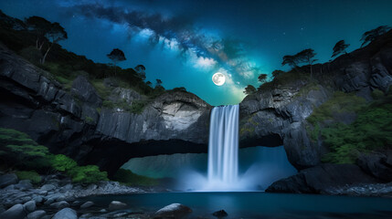 A magical rock arch beside a glowing waterfall, starlit sky wrapping around the glowing full moon