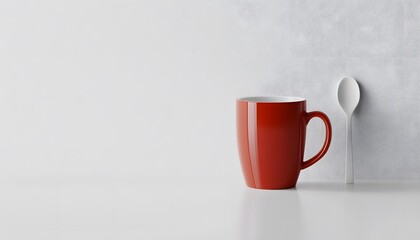 Simple red mug and spoon on a white surface.