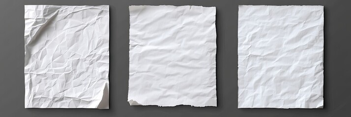 Crumpled white paper sheets on a gray surface.  Three sheets of textured, wrinkled white paper displayed against a neutral gray background.  