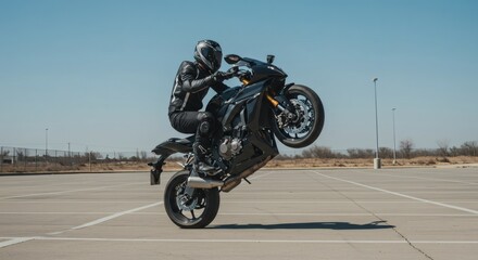 Motorcycle stunt rider performing wheelie on sportbike in parking lot under sunny sky for adrenaline rush