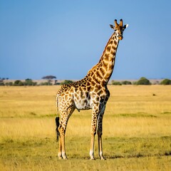 Obraz premium Giraffe standing in open field under clear blue sky.