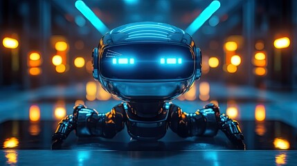 Close up of a futuristic robot with glowing blue eyes and antennae in a blurred background scene
