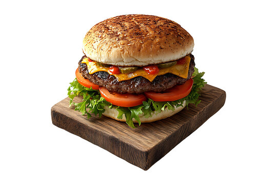 Hamburger on wooden board isolated on transparent background
