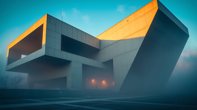 A futuristic brutalist art institute built in the 1980s, featuring massive cantilevered concrete blocks and angular overhangs. generative ai