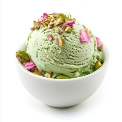 A unique pistachio rose ice cream, with vibrant green pistachio ice cream and a hint of rosewater, 
